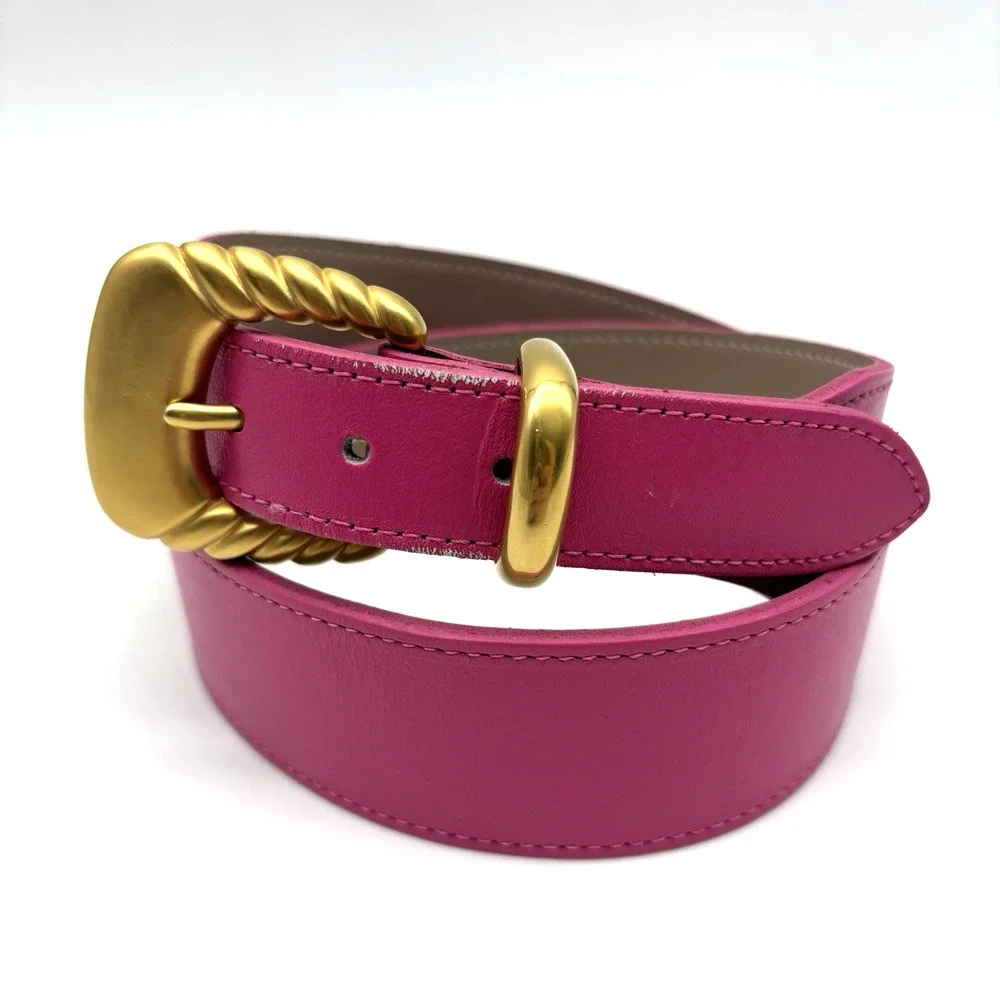Vintage 80s Hot Pink Genuine Leather Brass Buckle Waist Belt M 26-29